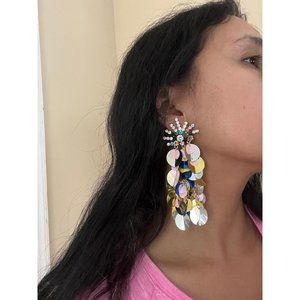 Long confetti earrings large chandelier big sequin multicolor rainbow rhinestone